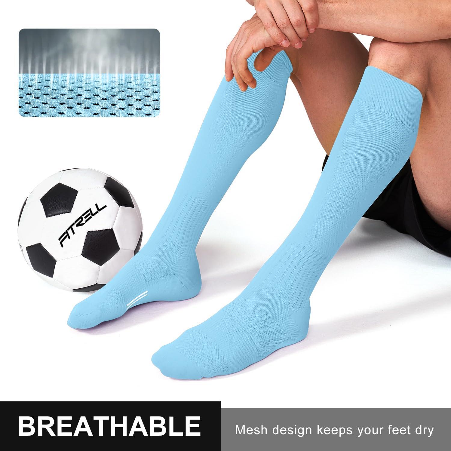 imageFITRELL 23 Pack Soccer Socks Baseball Softball For Youth Kids Boys Girls OverTheCalf Football Socks for Adult Men WomenLight Blue2