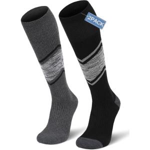 FITRELL 2/3 Pack Merino Wool Ski Socks for Snowboarding, Full Cushioned Winter Thermal Knee-high Warm Socks for Men and Women(Black+grey)