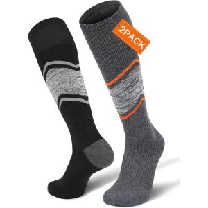 FITRELL 2/3 Pack Merino Wool Ski Socks for Snowboarding, Full Cushioned Winter Thermal Knee-high Warm Socks for Men and Women(Black+orange)