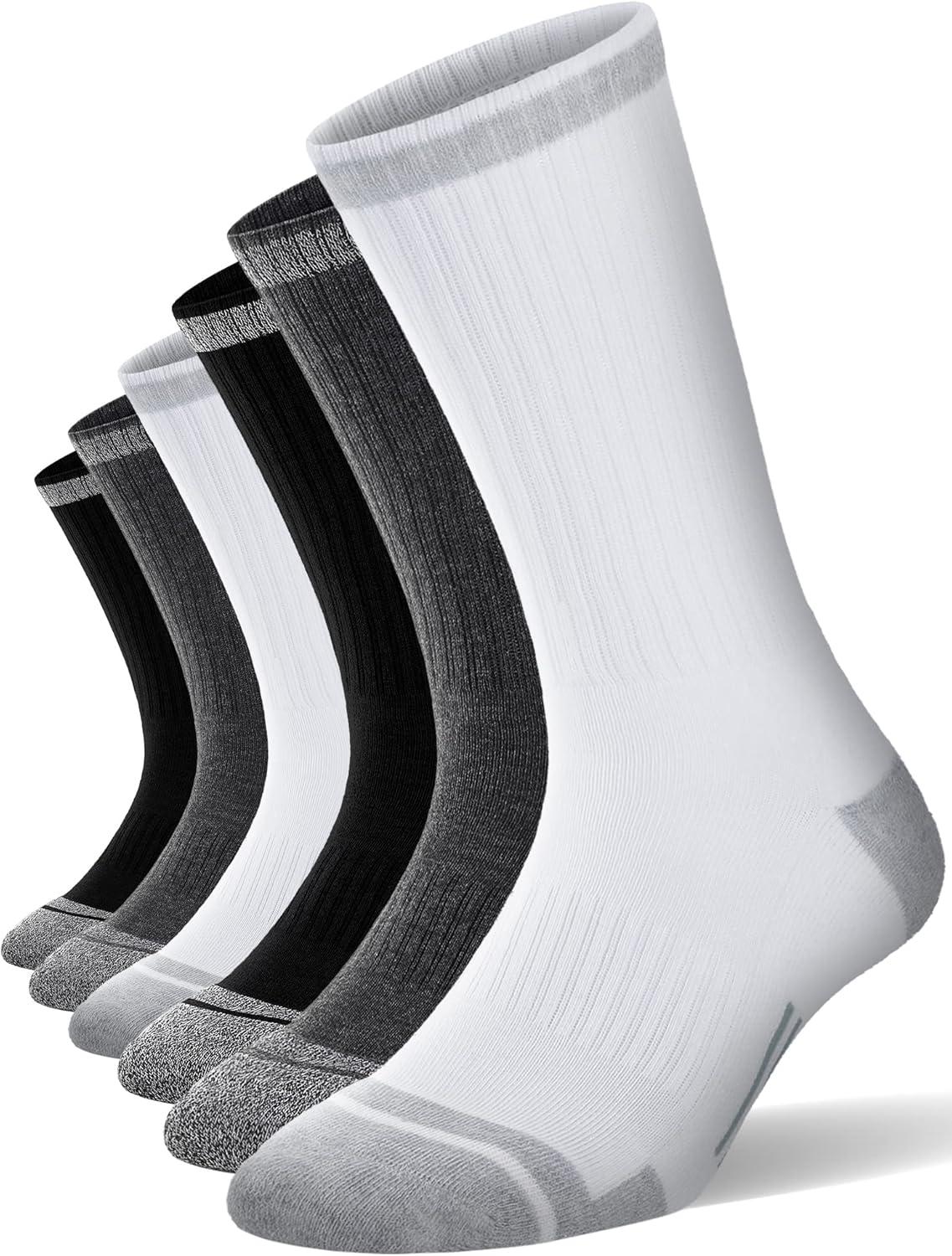 imageFITRELL 6 Pack Mens Athletic Moisture Wicking Crew Socks Cushioned Sport Running Work Boot Socks Size 9121215Black2white2grey2
