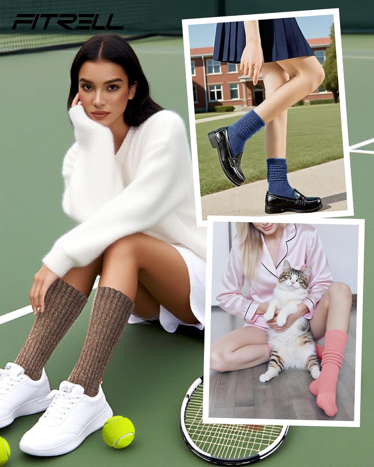 imageFITRELL Slouch Socks for Women 3 Pairs Soft Cotton Knee High Scrunch Tube Boot SocksBluebrownpink