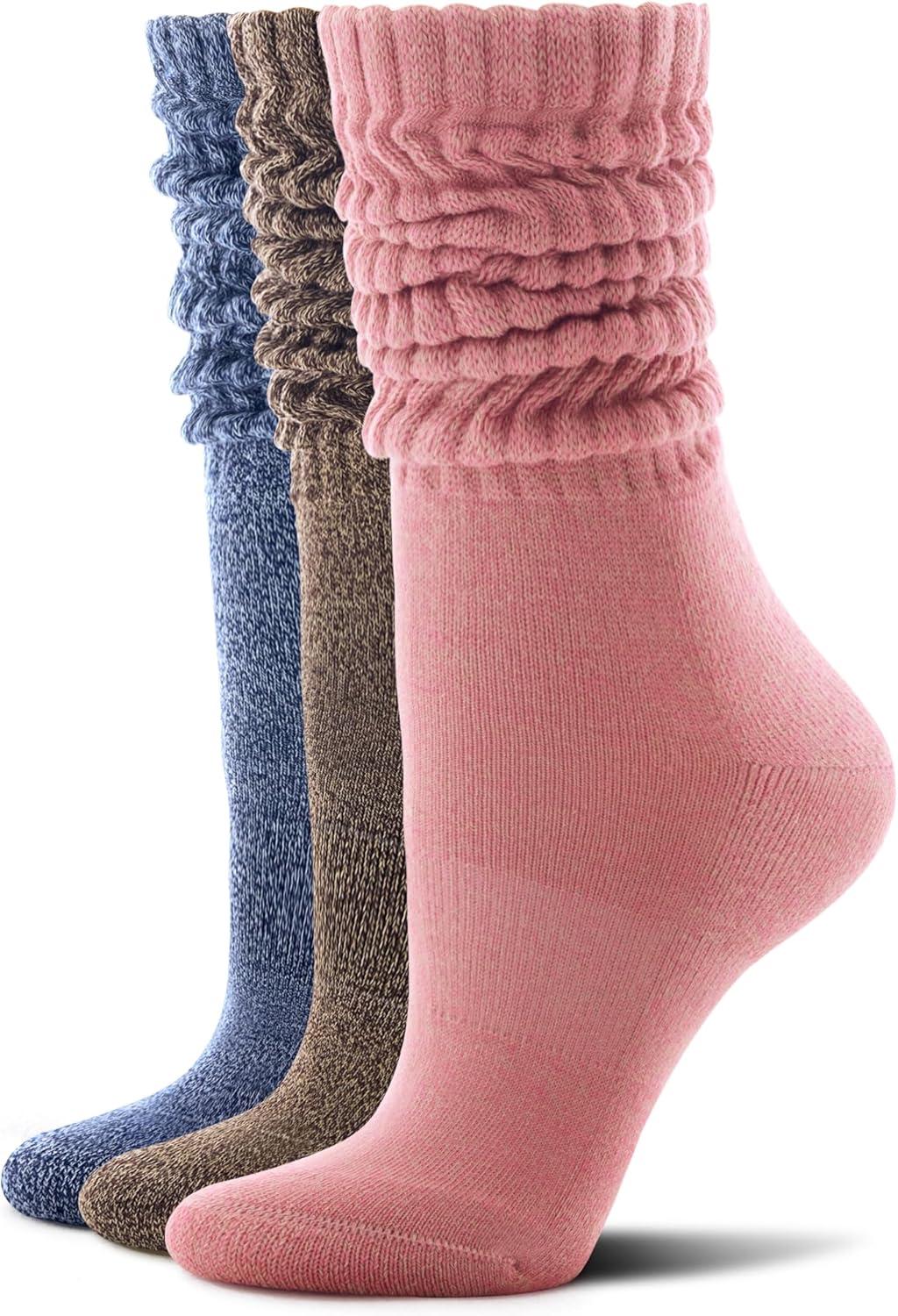 imageFITRELL Slouch Socks for Women 3 Pairs Soft Cotton Knee High Scrunch Tube Boot SocksBluebrownpink
