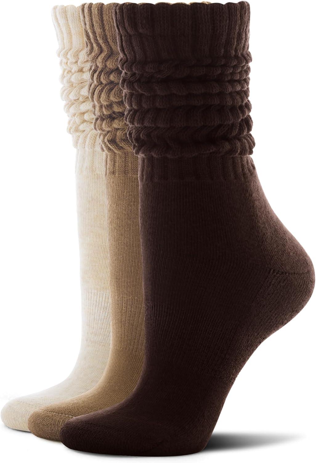 imageFITRELL Slouch Socks for Women 3 Pairs Soft Cotton Knee High Scrunch Tube Boot SocksKhakilight Browndark Brown