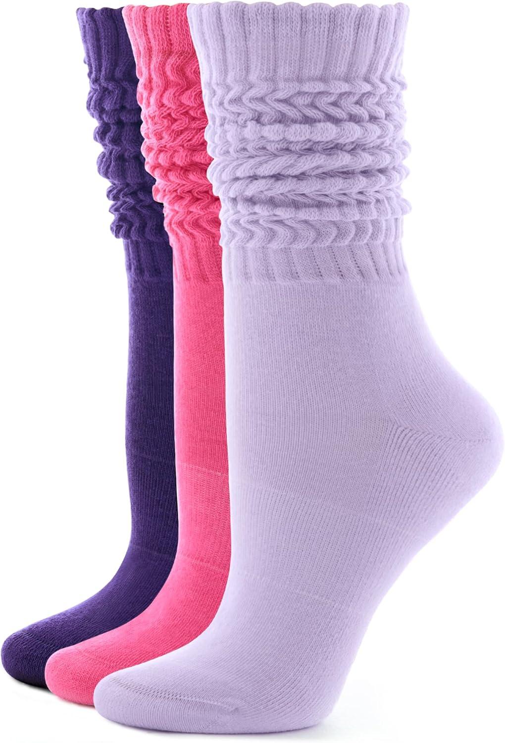 imageFITRELL Slouch Socks for Women 3 Pairs Soft Cotton Knee High Scrunch Tube Boot SocksLight Purplepurplehot Pink