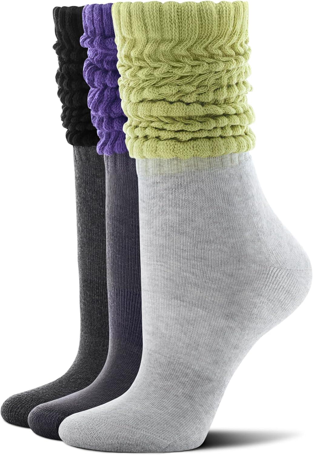 imageFITRELL Slouch Socks for Women 3 Pairs Soft Cotton Knee High Scrunch Tube Boot SocksPurple Greyblack Greygreen Grey