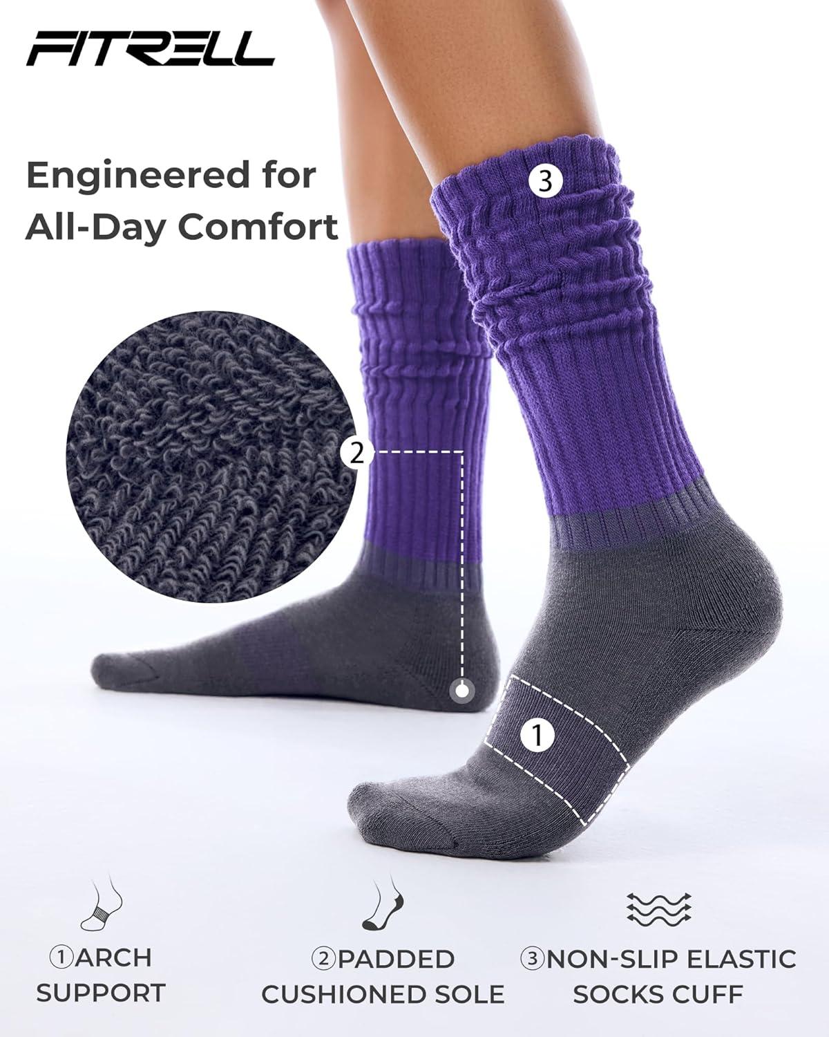 imageFITRELL Slouch Socks for Women 3 Pairs Soft Cotton Knee High Scrunch Tube Boot SocksPurple Greyblack Greygreen Grey