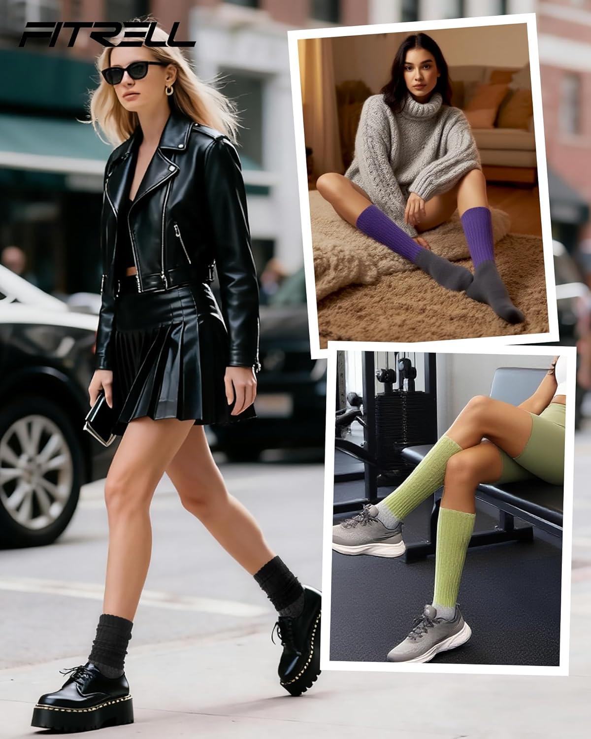 imageFITRELL Slouch Socks for Women 3 Pairs Soft Cotton Knee High Scrunch Tube Boot SocksPurple Greyblack Greygreen Grey