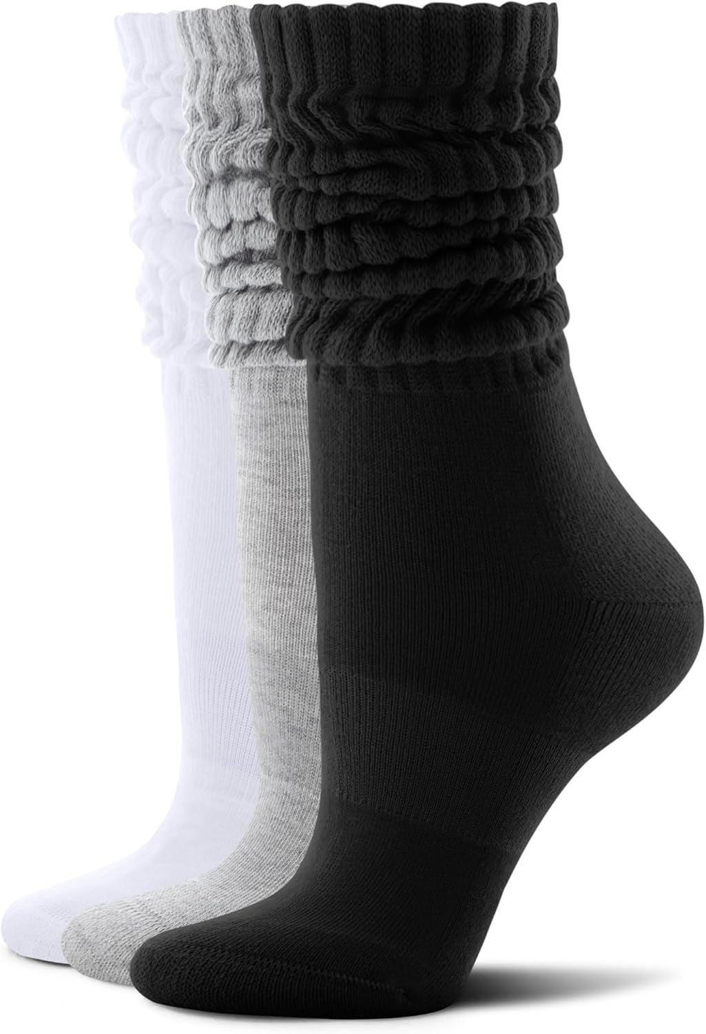 imageFITRELL Slouch Socks for Women 3 Pairs Soft Cotton Knee High Scrunch Tube Boot SocksWhitelight Greyblack