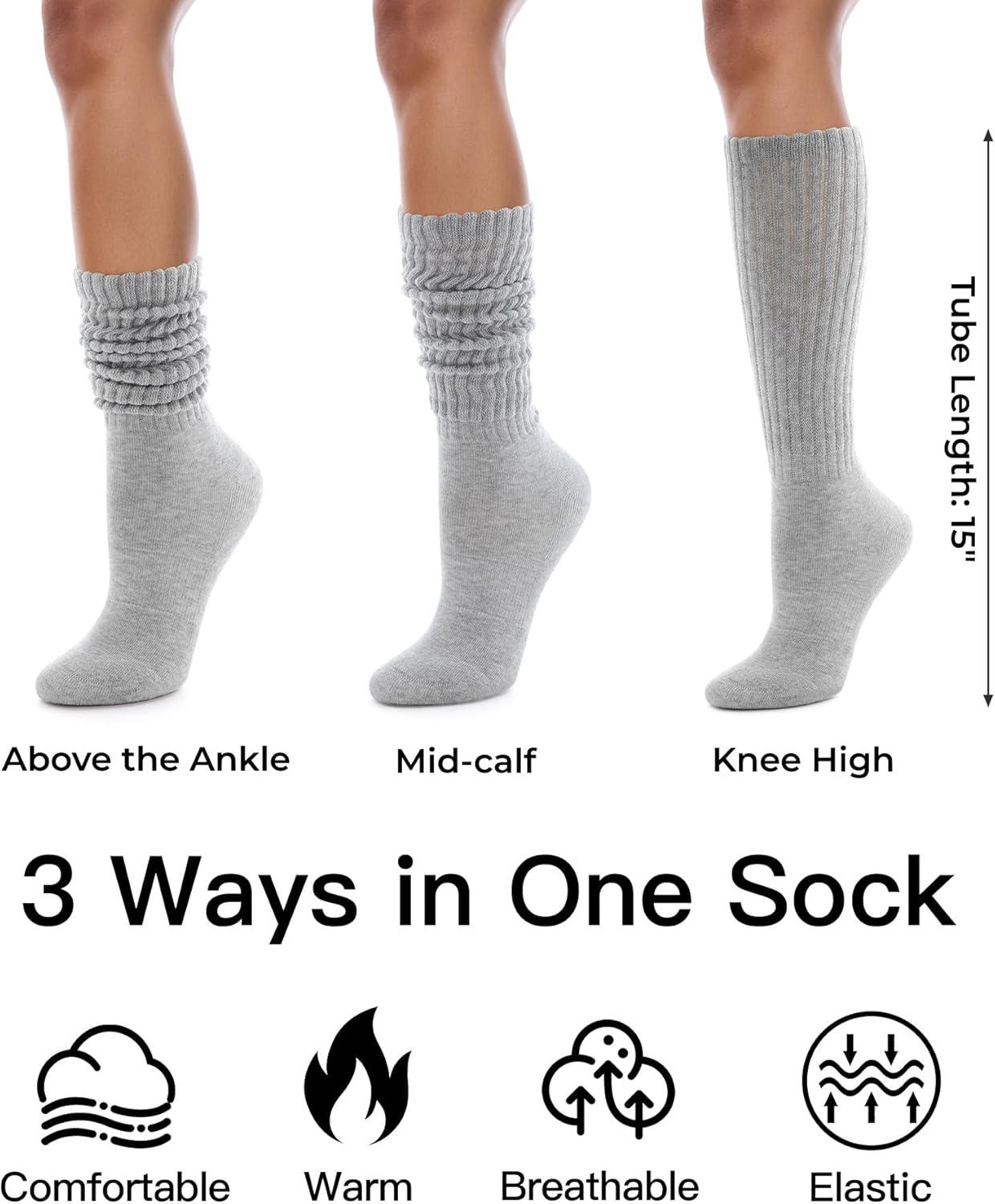 imageFITRELL Slouch Socks for Women 3 Pairs Soft Cotton Knee High Scrunch Tube Boot SocksWhitelight Greyblack