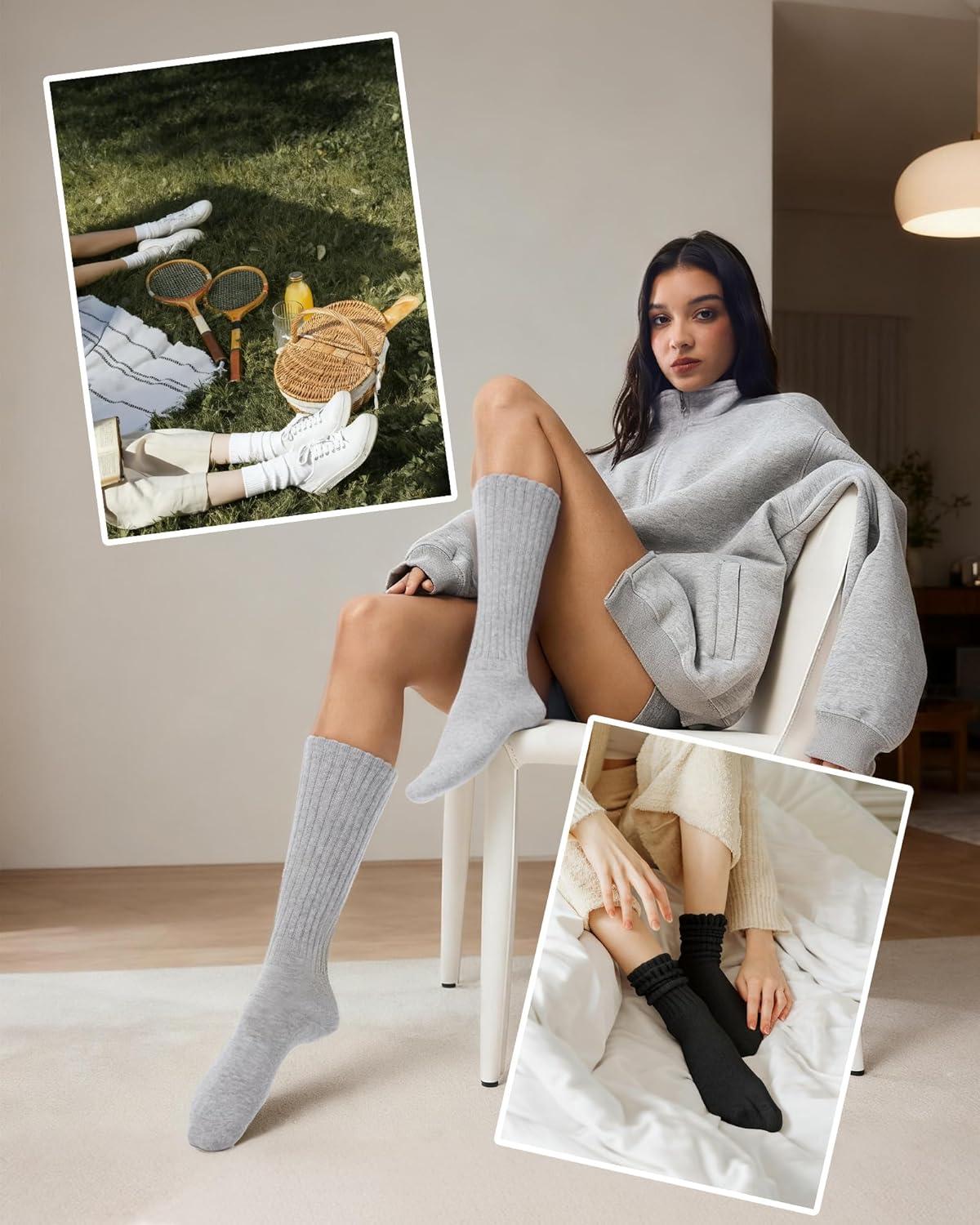 imageFITRELL Slouch Socks for Women 3 Pairs Soft Cotton Knee High Scrunch Tube Boot SocksWhitelight Greyblack