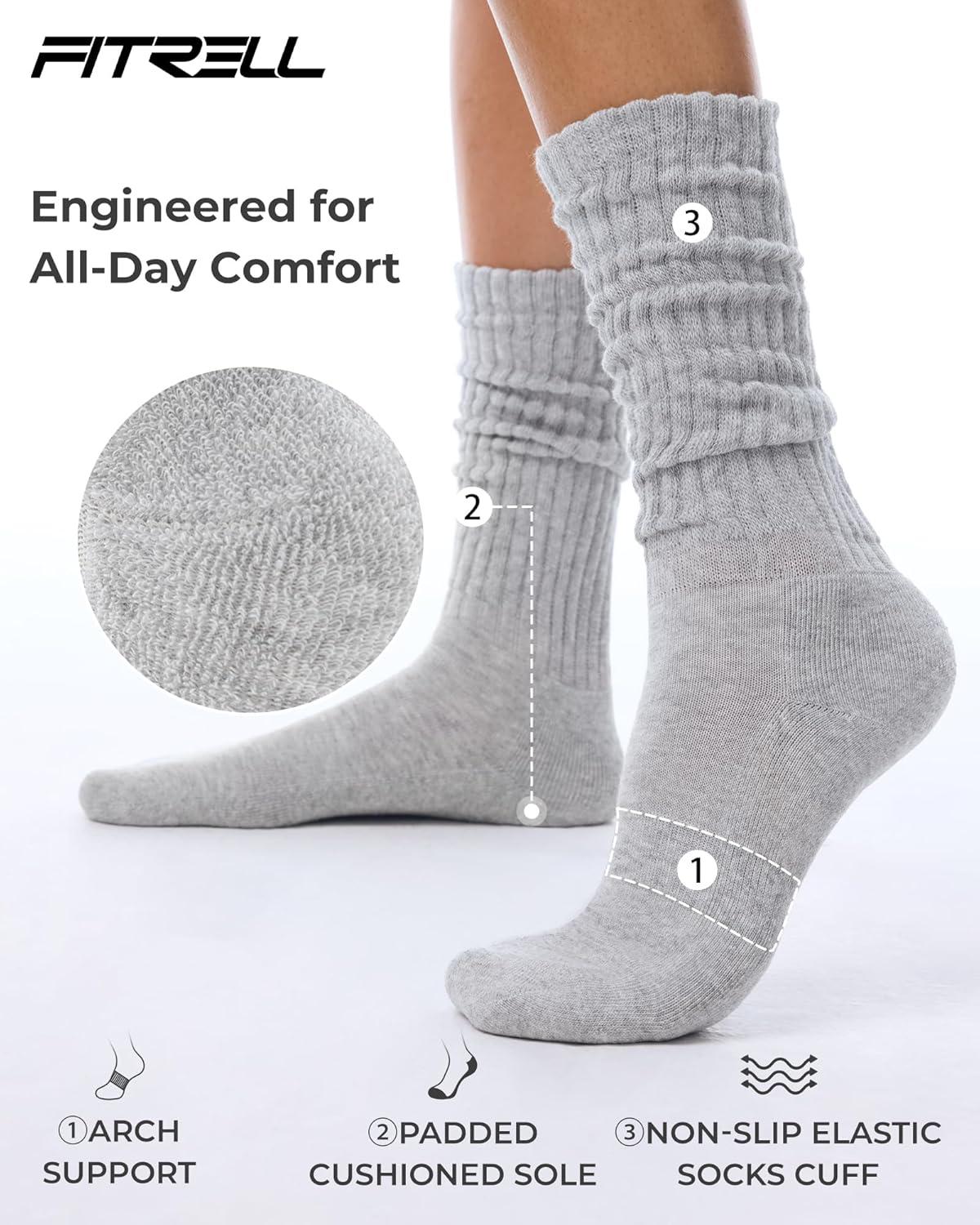 imageFITRELL Slouch Socks for Women 3 Pairs Soft Cotton Knee High Scrunch Tube Boot SocksWhitelight Greyblack