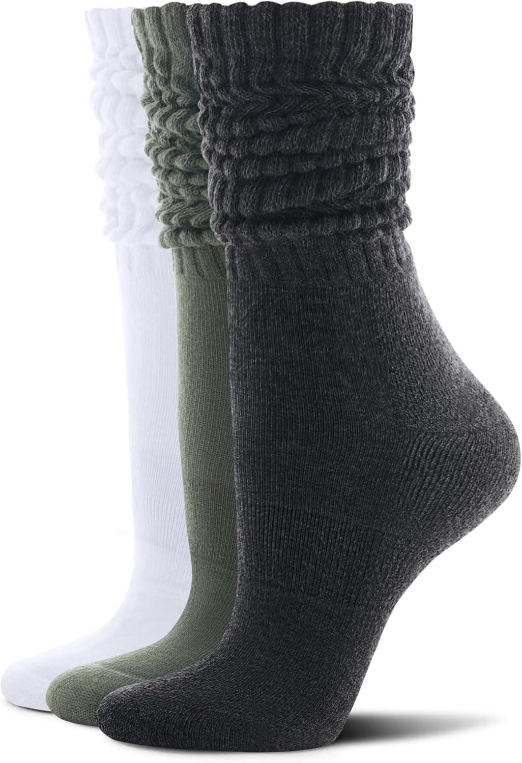 imageFITRELL Slouch Socks for Women 3 Pairs Soft Cotton Knee High Scrunch Tube Boot SocksWhiteolive Greendark Grey