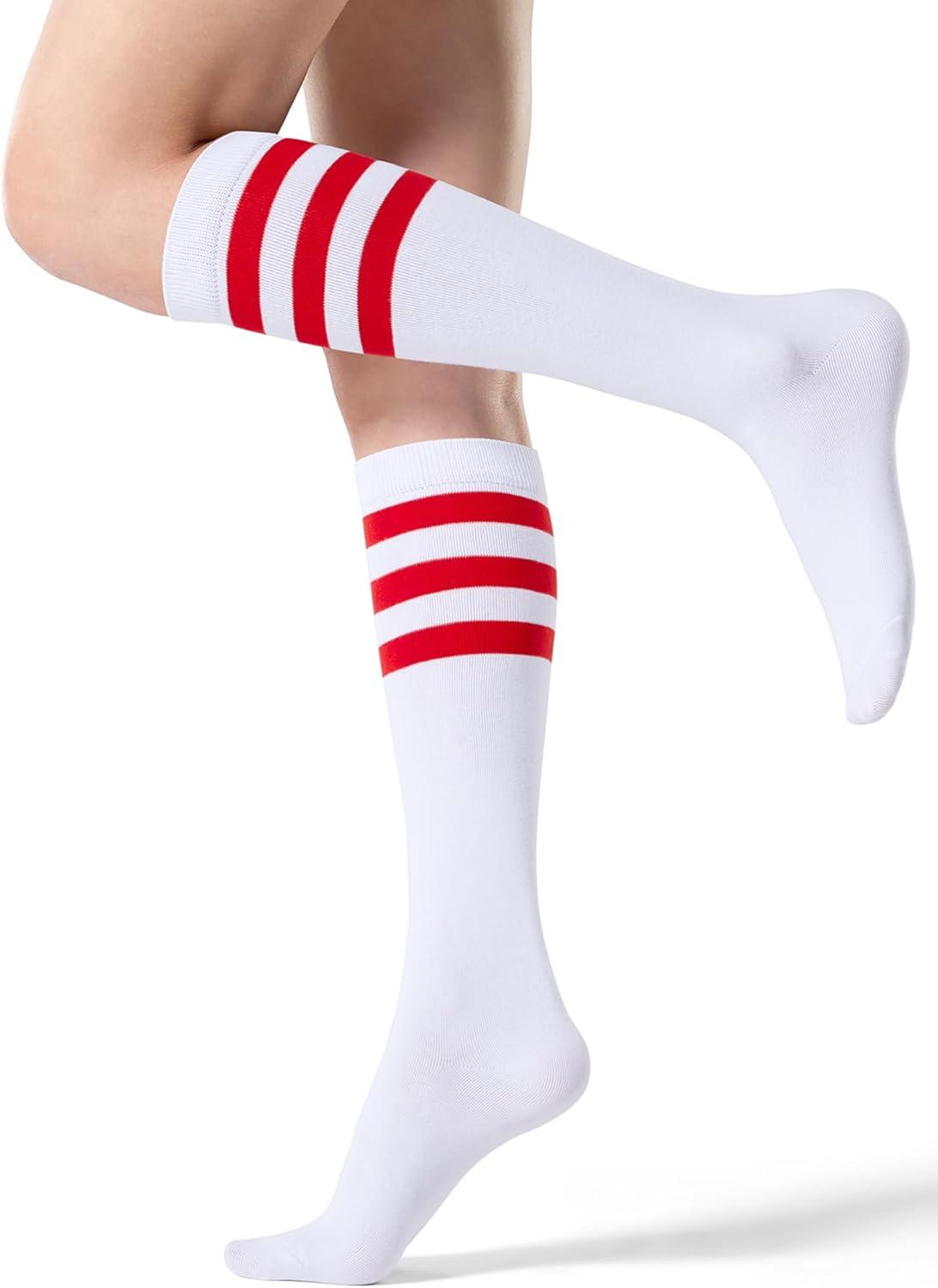 imageFITRELL Womens Knee High Socks Outdoor Sport Athletic Socks Casual Stripe Tube Socks 14 Pack1 Pack White Red