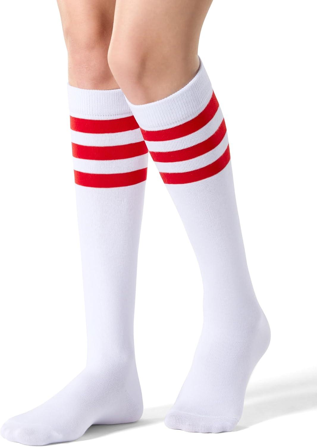 imageFITRELL Womens Knee High Socks Outdoor Sport Athletic Socks Casual Stripe Tube Socks 14 Pack1 Pack White Red
