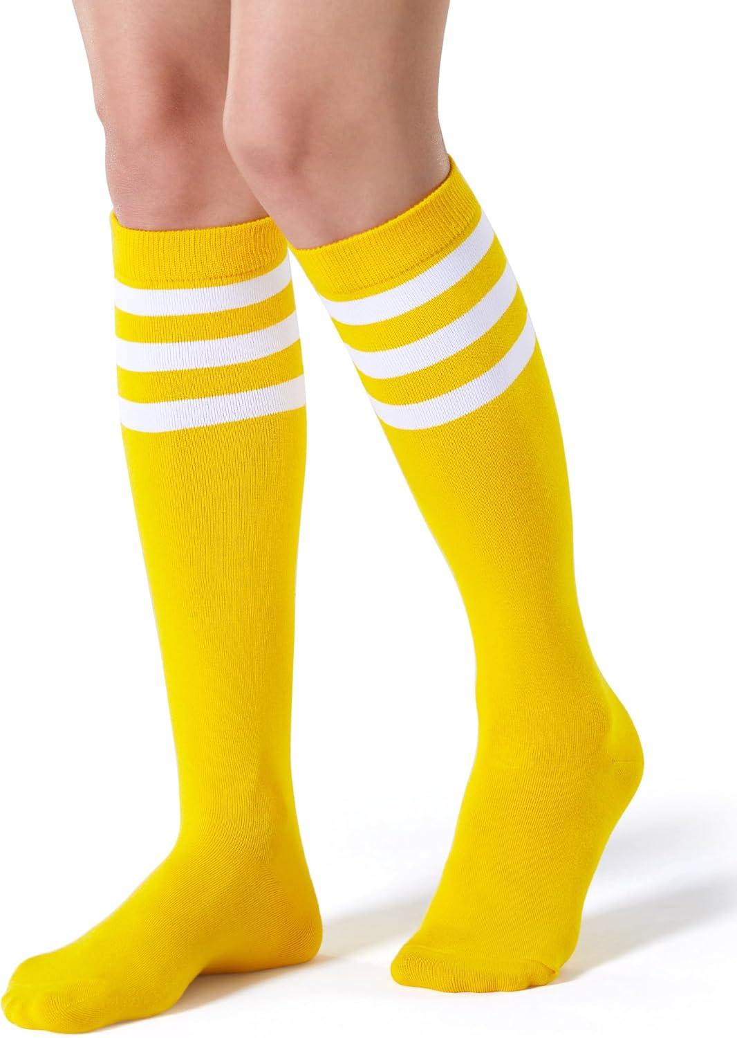 imageFITRELL Womens Knee High Socks Outdoor Sport Athletic Socks Casual Stripe Tube Socks 14 Pack1 Pack Yellow White