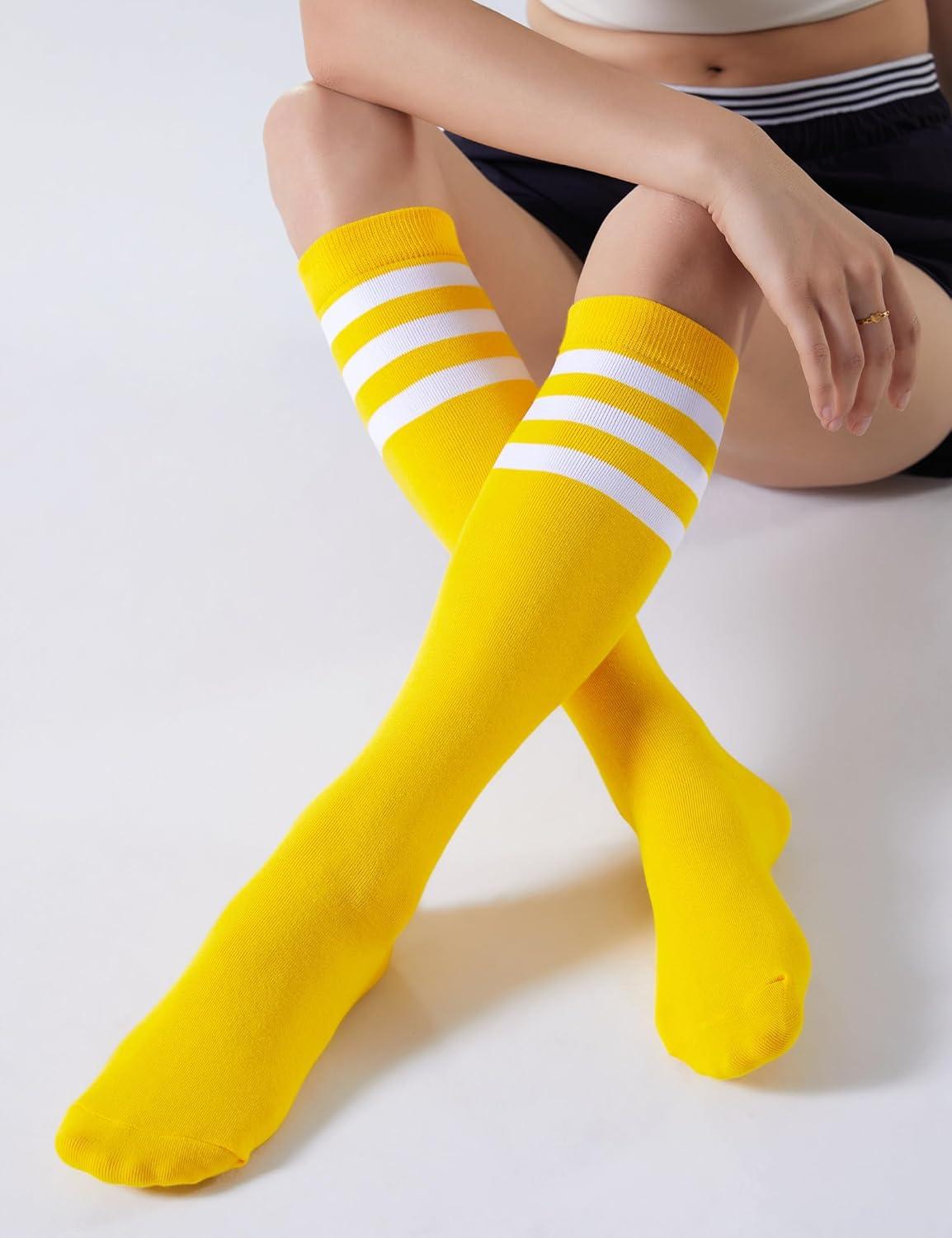 imageFITRELL Womens Knee High Socks Outdoor Sport Athletic Socks Casual Stripe Tube Socks 14 Pack1 Pack Yellow White