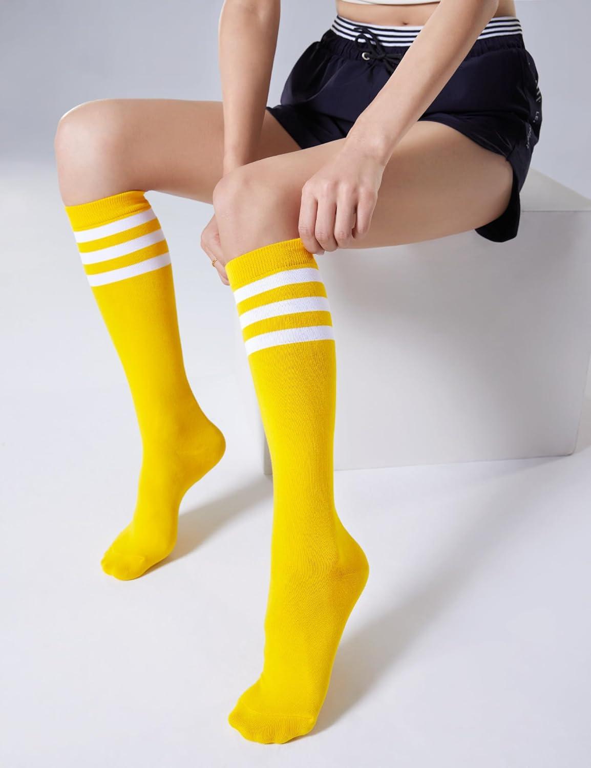 imageFITRELL Womens Knee High Socks Outdoor Sport Athletic Socks Casual Stripe Tube Socks 14 Pack1 Pack Yellow White