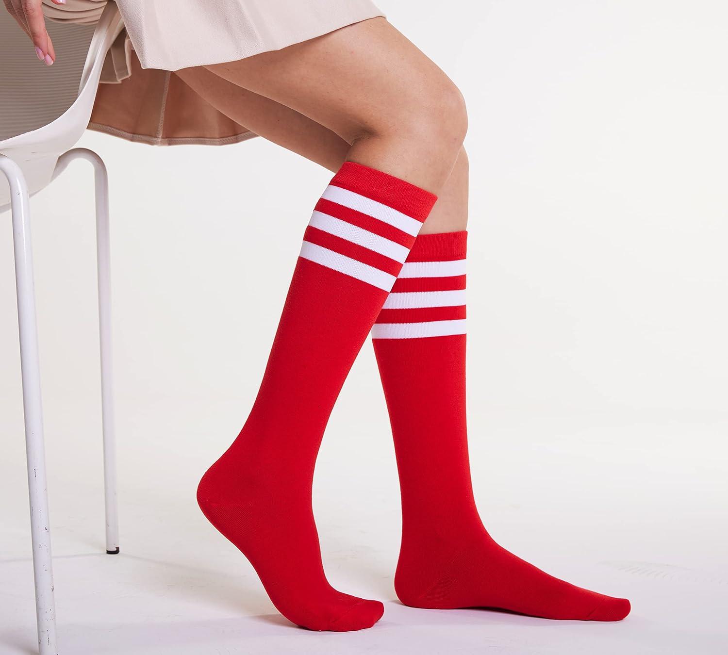 imageFITRELL Womens Knee High Socks Outdoor Sport Athletic Socks Casual Stripe Tube Socks 14 PackRedwhite