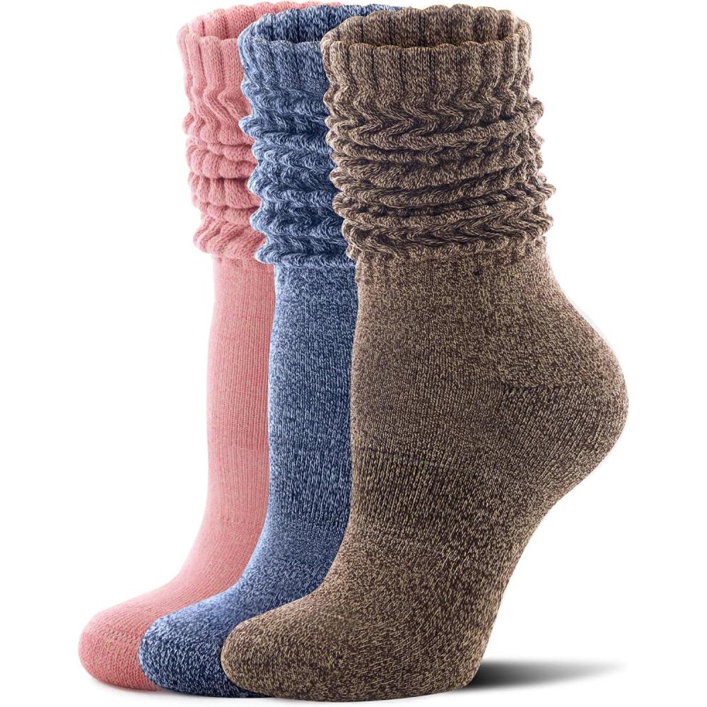 imageFITRELL Slouch Socks for Women 3 Pairs Soft Cotton Knee High Scrunch Tube Boot SocksBluebrownpink