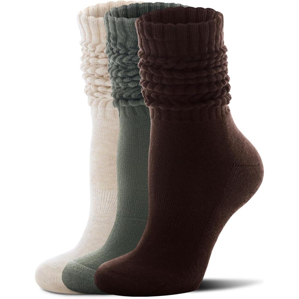 imageFITRELL Slouch Socks for Women 3 Pairs Soft Cotton Knee High Scrunch Tube Boot SocksDark Brownolive Greenkhaki
