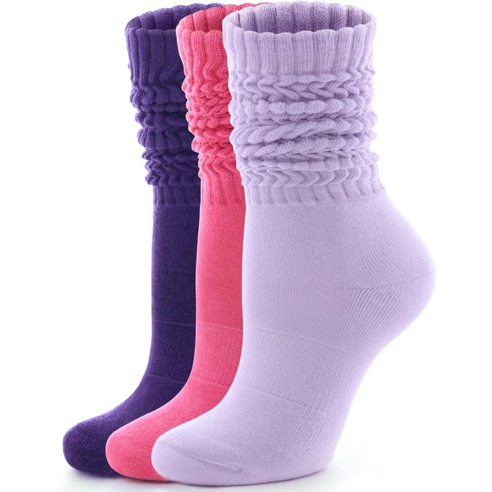 imageFITRELL Slouch Socks for Women 3 Pairs Soft Cotton Knee High Scrunch Tube Boot SocksLight Purplepurplehot Pink