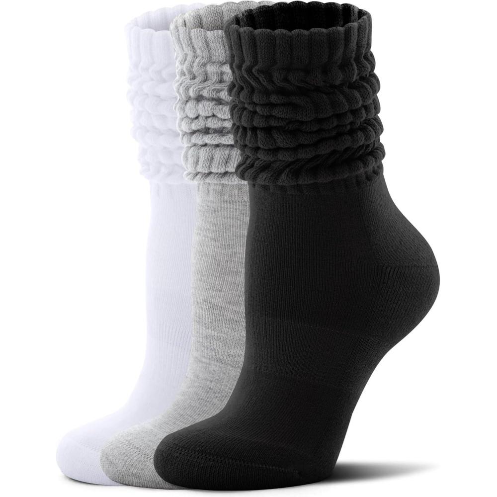 imageFITRELL Slouch Socks for Women 3 Pairs Soft Cotton Knee High Scrunch Tube Boot SocksWhitelight Greyblack