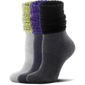 FITRELL Slouch Socks for Women, 3 Pairs Soft Cotton Knee High Scrunch Tube Boot Socks(Purple Grey+black Grey+green Grey)