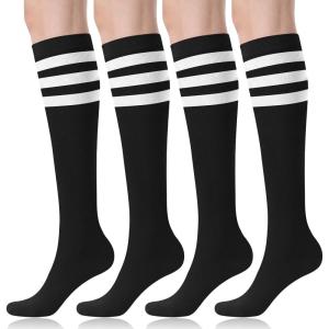 FITRELL Women’s Knee High Socks Outdoor Sport Athletic Socks Casual Stripe Tube Socks 1-4 Pack(Black+white)