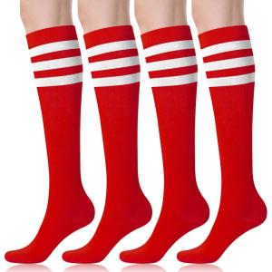 FITRELL Women’s Knee High Socks Outdoor Sport Athletic Socks Casual Stripe Tube Socks 1-4 Pack(Red+white)