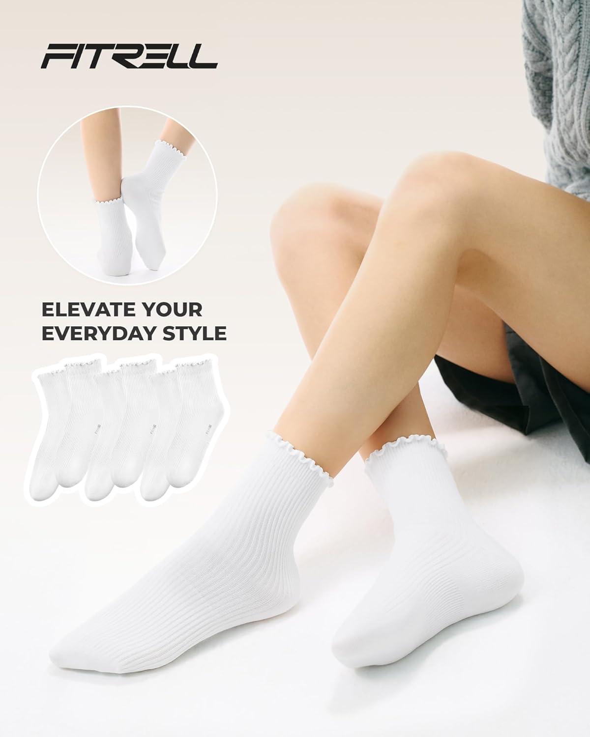 imageFITRELL 6 Pairs Ruffle Socks Womens Soft Breathable Cute Lettuce Ankle Crew Frilly SocksWhite6