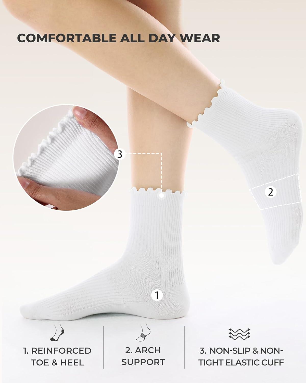 imageFITRELL 6 Pairs Ruffle Socks Womens Soft Breathable Cute Lettuce Ankle Crew Frilly SocksWhite6