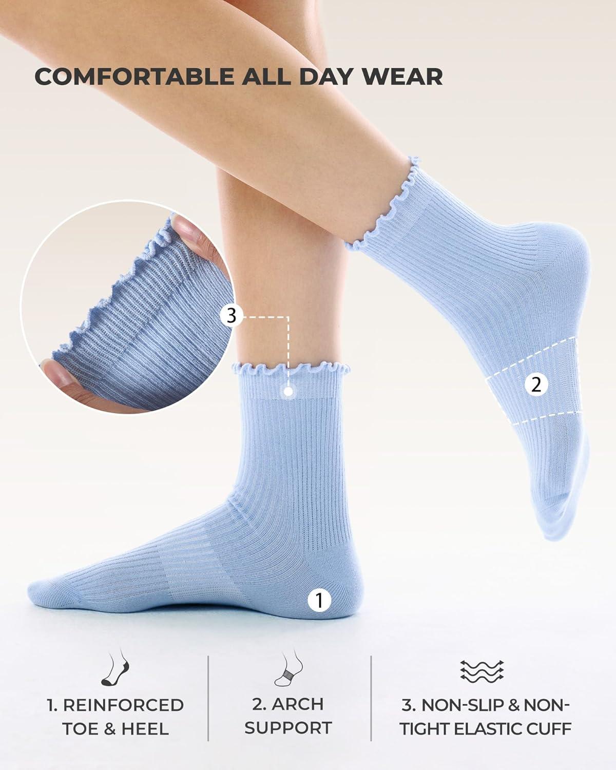 imageFITRELL 6 Pairs Ruffle Socks Womens Soft Breathable Cute Lettuce Ankle Crew Frilly SocksWhitegreyblackgreenhot Pinkblue