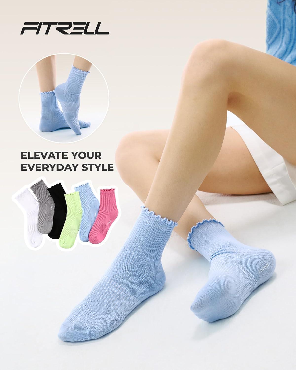 imageFITRELL 6 Pairs Ruffle Socks Womens Soft Breathable Cute Lettuce Ankle Crew Frilly SocksWhitegreyblackgreenhot Pinkblue