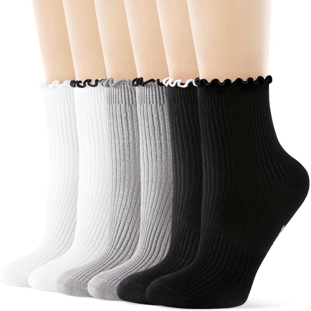 imageFITRELL 6 Pairs Ruffle Socks Womens Soft Breathable Cute Lettuce Ankle Crew Frilly SocksBlack2white2grey2