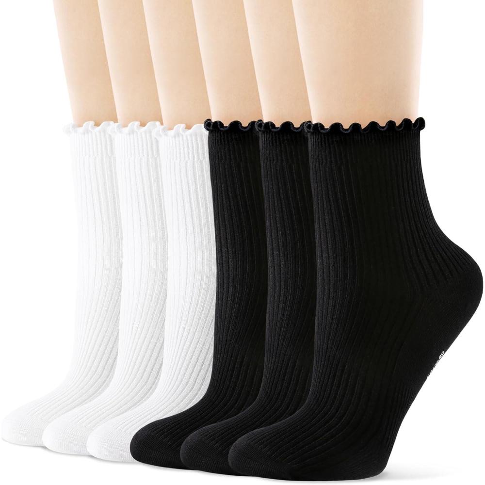 imageFITRELL 6 Pairs Ruffle Socks Womens Soft Breathable Cute Lettuce Ankle Crew Frilly SocksWhite3black3