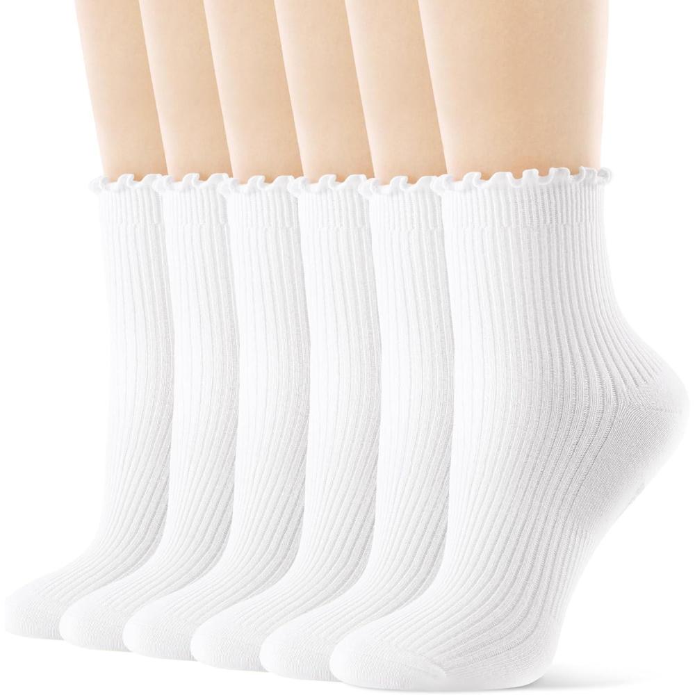 imageFITRELL 6 Pairs Ruffle Socks Womens Soft Breathable Cute Lettuce Ankle Crew Frilly SocksWhite6