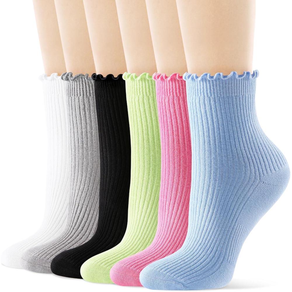 imageFITRELL 6 Pairs Ruffle Socks Womens Soft Breathable Cute Lettuce Ankle Crew Frilly SocksWhitegreyblackgreenhot Pinkblue