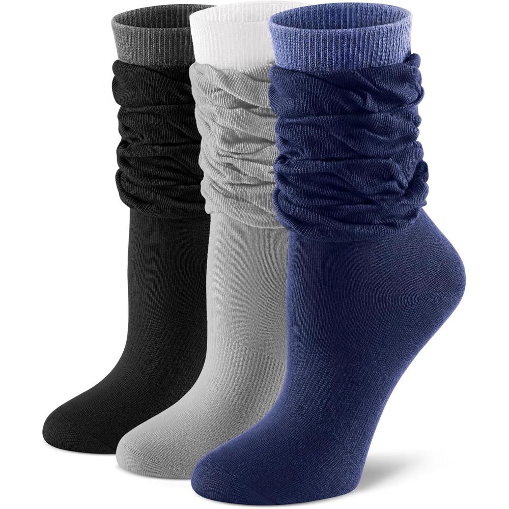 imageFITRELL Slouch Crew Socks for Women 3 Pairs Soft Cotton Mid Calf Cute Retro Scrunch SocksGrey Whiteblack Greynavy Blue