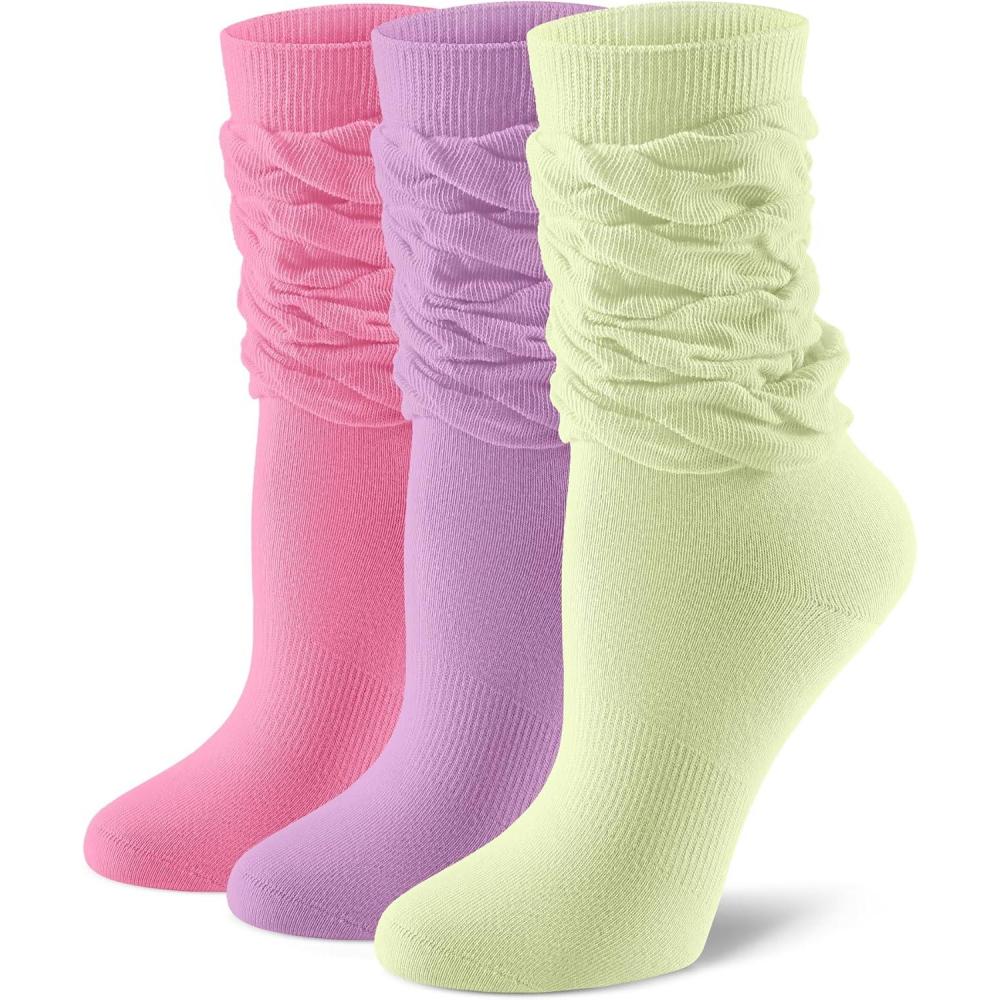 imageFITRELL Slouch Crew Socks for Women 3 Pairs Soft Cotton Mid Calf Cute Retro Scrunch SocksHot Pinkpurplelight Green