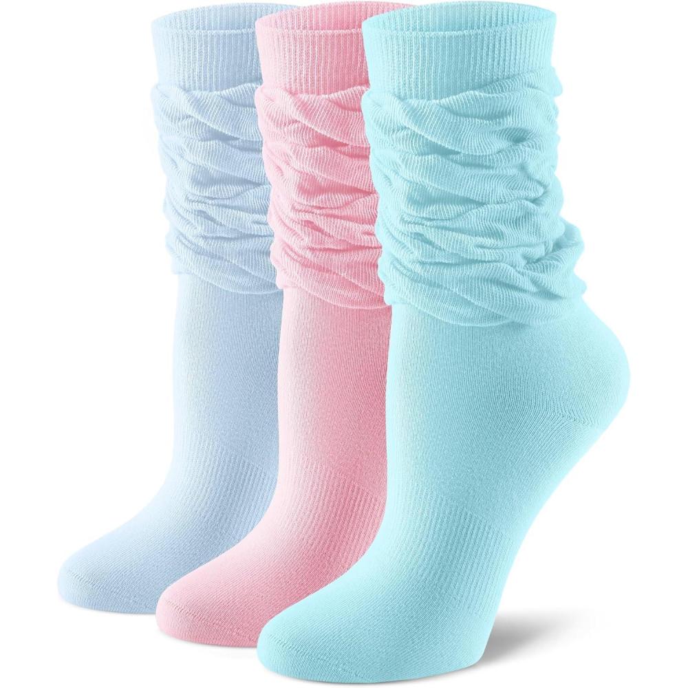 imageFITRELL Slouch Crew Socks for Women 3 Pairs Soft Cotton Mid Calf Cute Retro Scrunch SocksLight Pinklight Blueteal