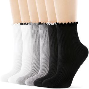 FITRELL 6 Pairs Ruffle Socks, Womens Soft Breathable Cute Lettuce Ankle Crew Frilly Socks(Black*2+white*2+grey*2)