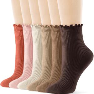FITRELL 6 Pairs Ruffle Socks, Womens Soft Breathable Cute Lettuce Ankle Crew Frilly Socks(Dark Brown+brown+khaki+cream light Pink+orange)