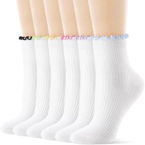 FITRELL 6 Pairs Ruffle Socks, Womens Soft Breathable Cute Lettuce Ankle Crew Frilly Socks(White With Multicolor Edge)