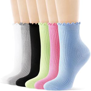 FITRELL 6 Pairs Ruffle Socks, Womens Soft Breathable Cute Lettuce Ankle Crew Frilly Socks(White+grey+black+green+hot Pink+blue)
