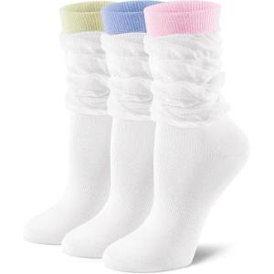 FITRELL Slouch Crew Socks for Women, 3 Pairs Soft Cotton Mid Calf Cute Retro Scrunch Socks(White Pink+white Blue+white Green)