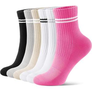 FITRELL Mini Crew Socks for Women, Athletic Thick Cushioned Running Ankle Socks 5-6 Pairs(Striped (Grey+black+beige+red+grey White+black White))