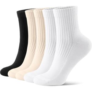 FITRELL Mini Crew Socks for Women, Athletic Thick Cushioned Running Ankle Socks 5-6 Pairs(White*2+black*1+beige*2)