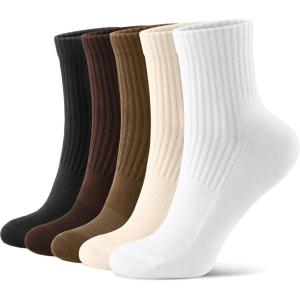 FITRELL Mini Crew Socks for Women, Athletic Thick Cushioned Running Ankle Socks 5-6 Pairs(White+black+beige+light Brown+dark Brown)