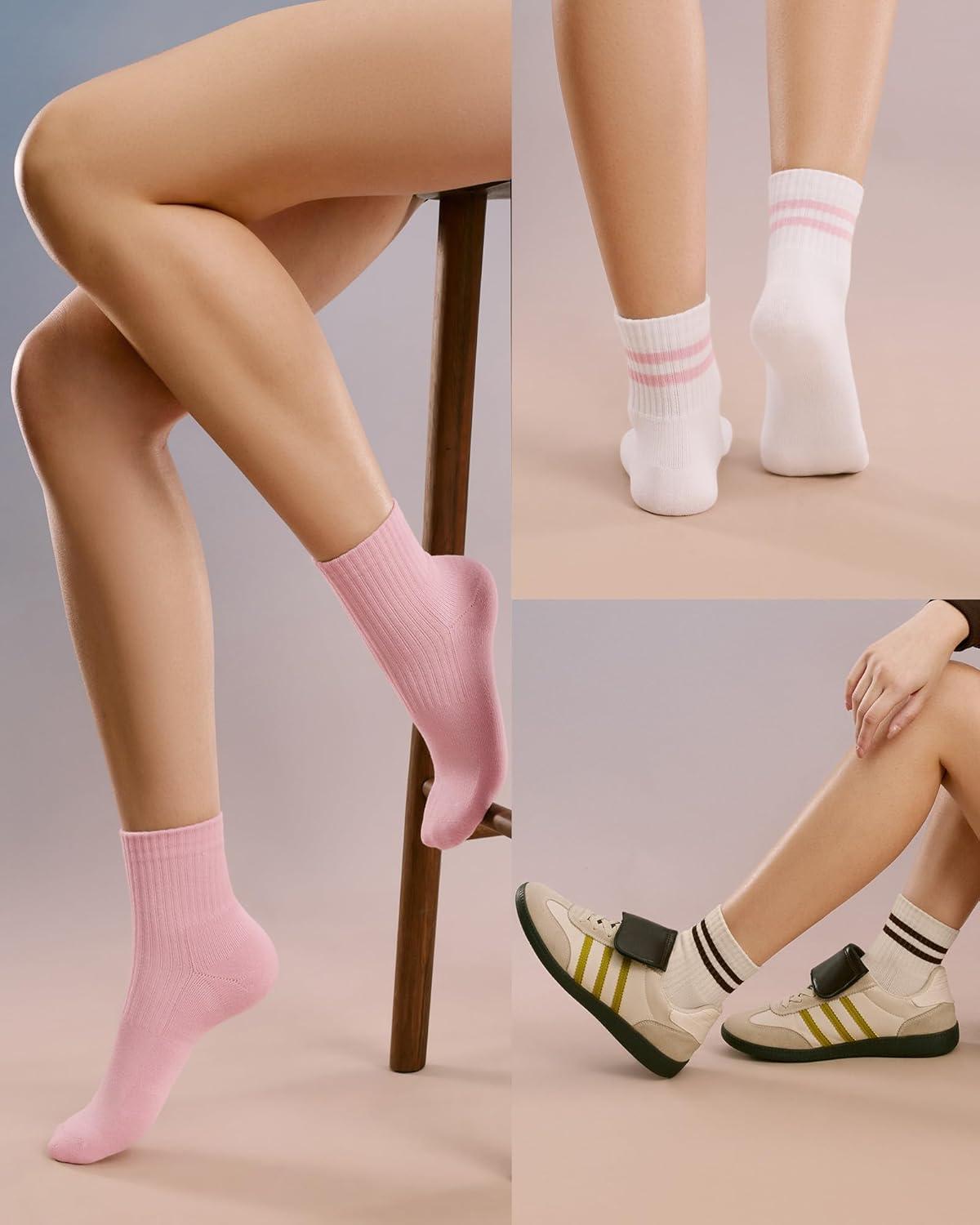 image:imageFITRELL Womens Crew Socks Ankle Athletic Cushioned Running Casual Socks for Women and Men 56 Pairs6 Pairs Striped Mixedgreypinkbrown