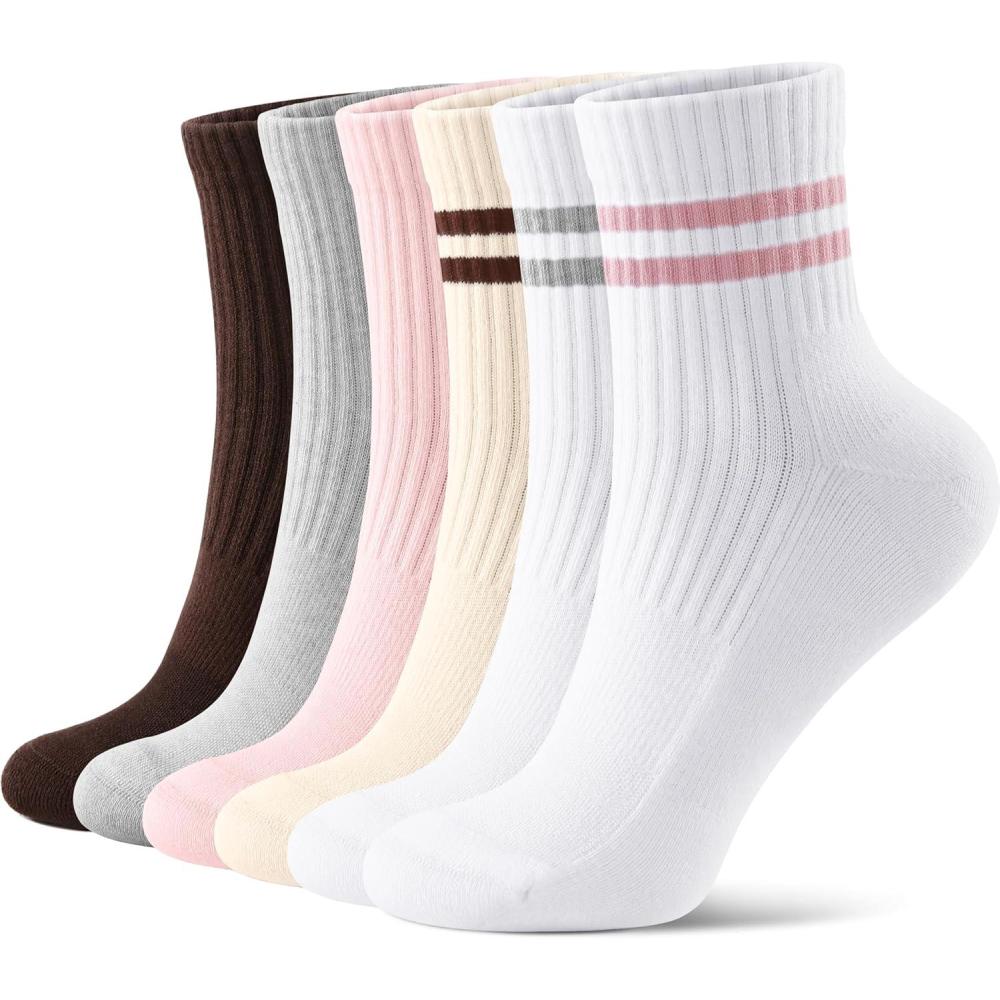 image:imageFITRELL Womens Crew Socks Ankle Athletic Cushioned Running Casual Socks for Women and Men 56 Pairs6 Pairs Striped Mixedgreypinkbrown